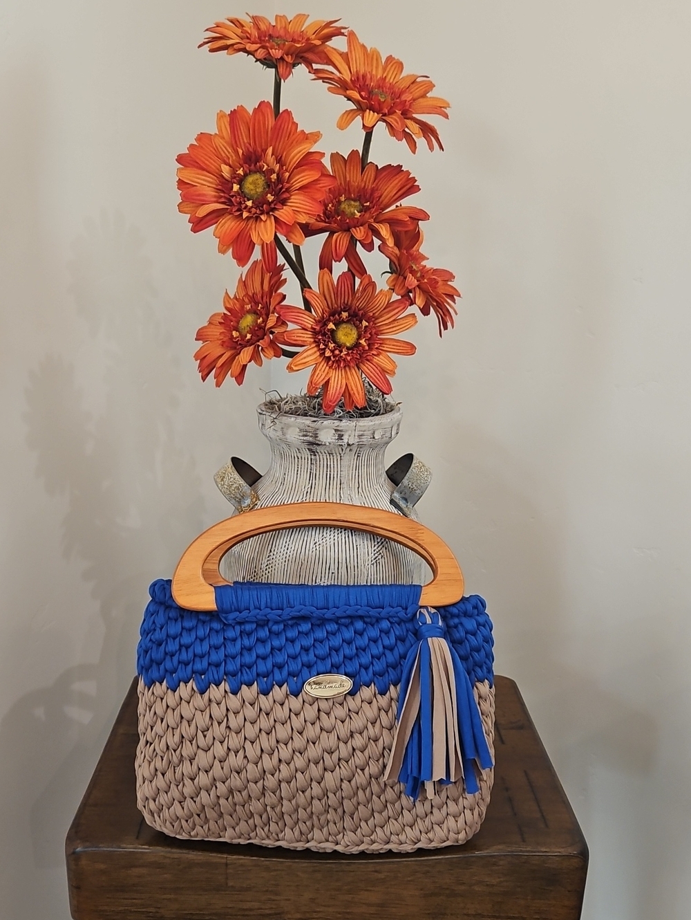 Hand Crocheted Blue and Tan Tote Bag with Wooden Handles.  Handmade By Me!